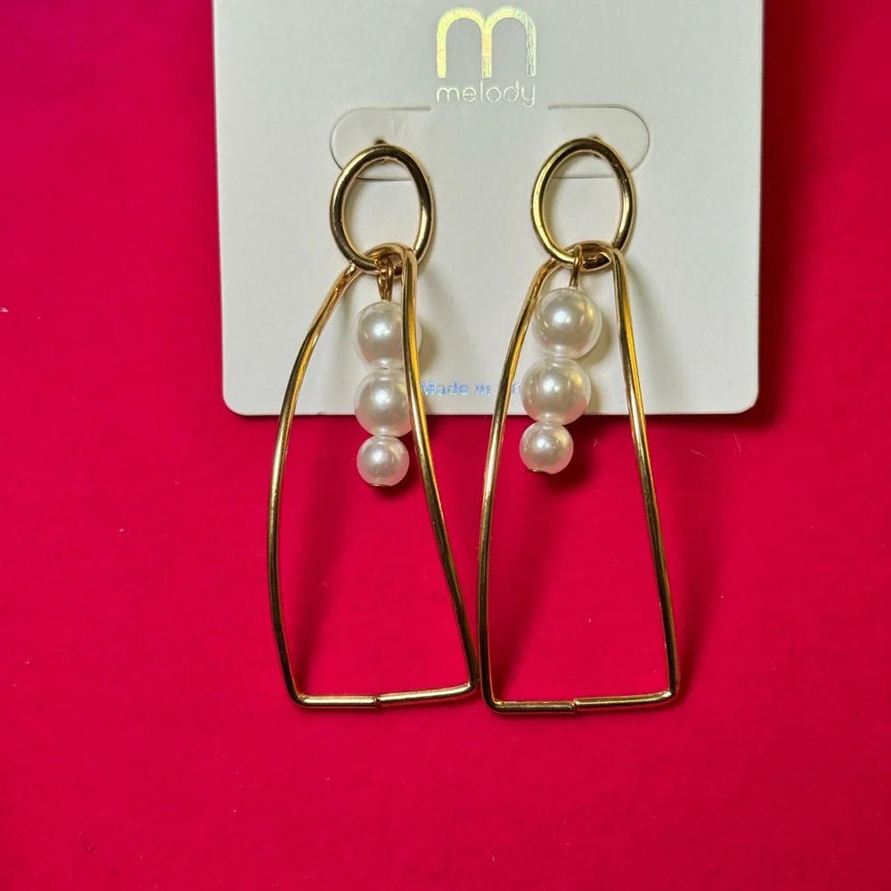 Gold Geometric Pearl Drop Earrings Abstract Dangle Earrings - Picture 3 of 5